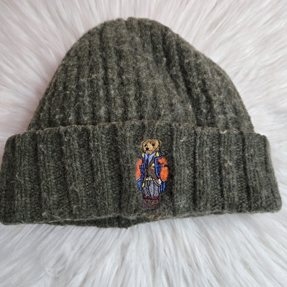Polo by Ralph Lauren Olive Ribbed Knit Beanie with Bear Patch